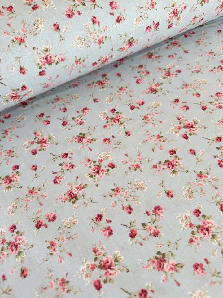 Vintage Güller Mavi Poplin kumaş (Yarım Metre)